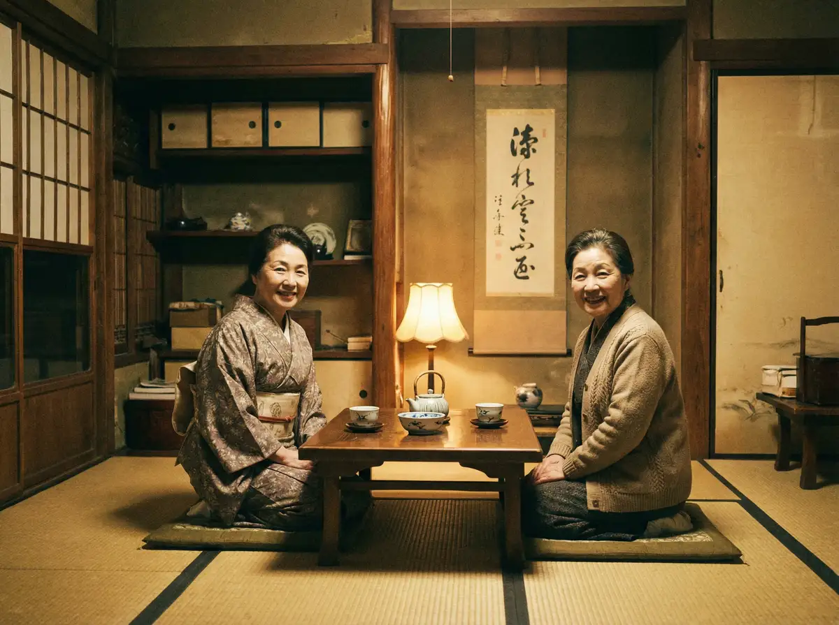 两位优雅的 有爱爱 在日式茶室中品茶交谈